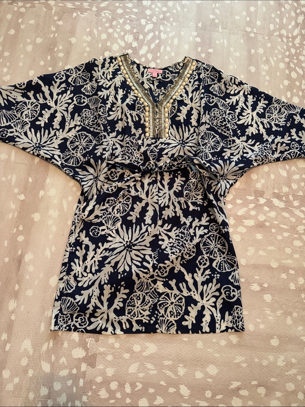Lilly Pulitzer Navy and White Floral Tunic Dress with Beaded V-Neck